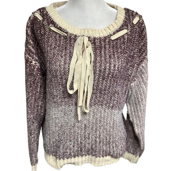 GeeGee Plum Purple and White Lace-Up Sweater, Size Small Cropped, Cozy, Feminine - Picture 1 of 7